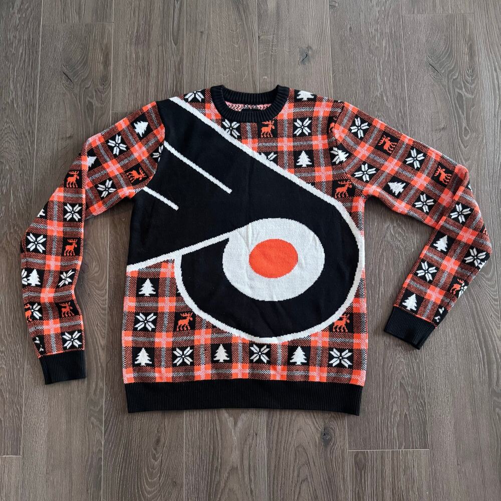 Philly Flyers NHL Sweater Plaid Black Orange Ugly Christmas Xmas Adult Small
